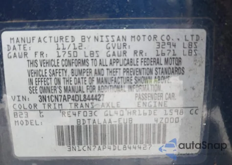 2013 Nissan Versa 1.6 S z USA, uszkodzony, nr VIN 3N1CN7AP4DL844427